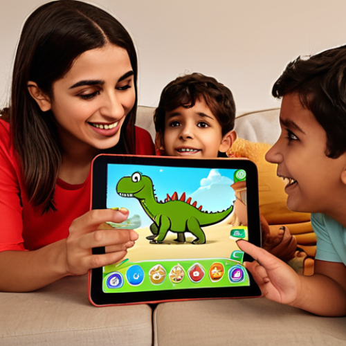 A heartwarming scene of an Arab family (parents and young children) happily gathered around a tablet. The children are actively engaged with a vibrant "GoGo Dino" mobile game on the screen, which features beloved characters in an educational and interactive setting. The parents observe with expressions of approval and trust, highlighting safe and valuable digital content for children. The environment is a cozy, modern living room, bathed in soft, inviting light.