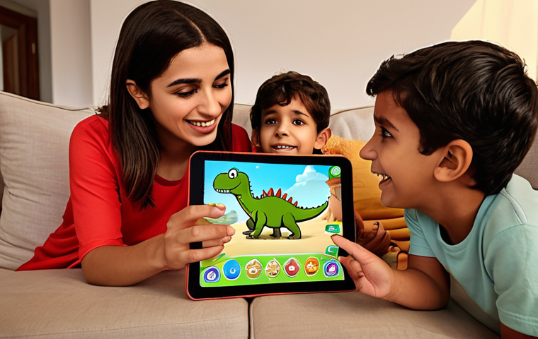A heartwarming scene of an Arab family (parents and young children) happily gathered around a tablet. The children are actively engaged with a vibrant "GoGo Dino" mobile game on the screen, which features beloved characters in an educational and interactive setting. The parents observe with expressions of approval and trust, highlighting safe and valuable digital content for children. The environment is a cozy, modern living room, bathed in soft, inviting light.