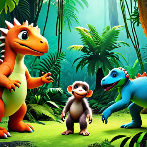 **

Cute baby dinosaurs exploring a lush rainforest environment with diverse new plant life. They interact with a friendly monkey character. Bright, vibrant colors, educational and adventurous atmosphere.

**