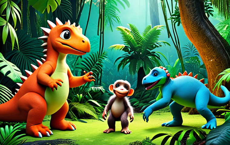 **
Cute baby dinosaurs exploring a lush rainforest environment with diverse new plant life. They interact with a friendly monkey character. Bright, vibrant colors, educational and adventurous atmosphere.
**
