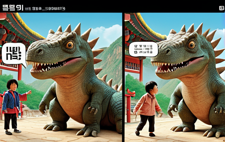 A dynamic visual contrasting two versions of the "Gogo Dino" universe. On one side, elements subtly hint at its Korean origin: Gogo Dino characters interacting with elements of traditional Korean aesthetics (e.g., background patterns, implied social cues, faint Hangul script in the air). On the other side, the same characters are depicted within a universally recognizable, simplified setting, with English text or generic global symbols. A central visual element, like a magnifying glass or a split screen effect, highlights the subtle but significant differences in cultural context, humor adaptation, and character naming, emphasizing the intricate process of localization.