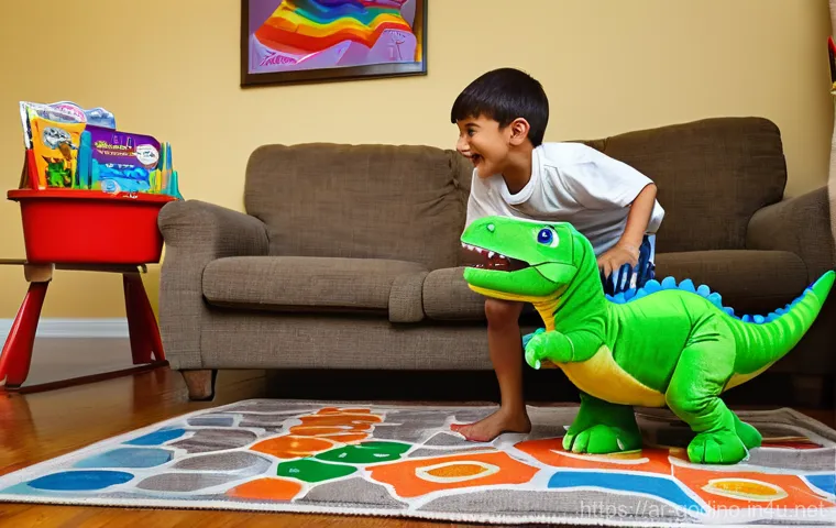 고고다이노로부터 영감을 받은 어린이들 이야기 - **Prompt 1: Creative Playtime Adventure**
    "A vibrant, eye-level shot of a joyful 7-year-old boy,...