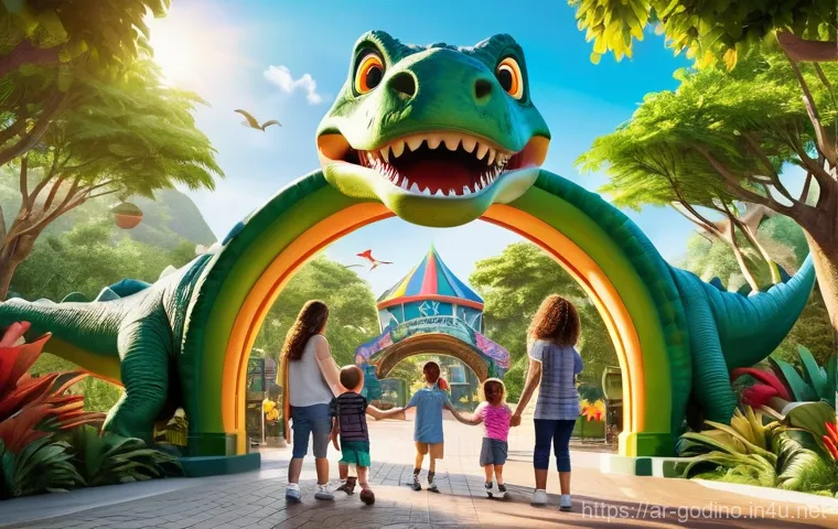 고고다이노 테마파크 방문기 - Image Prompt 1: Joyful Arrival at Gogo Dino Park** 고고다이노 테마파크 방문기 - Image Prompt 1: Joyful Arrival at Gogo Dino Park**