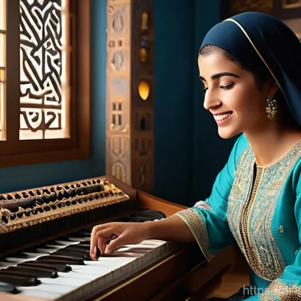 고고다이노 배경음악 작곡가 인터뷰 - **Prompt:** A heartwarming scene of an Arab female composer in her sunlit music studio, seated comfo...