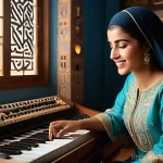 고고다이노 배경음악 작곡가 인터뷰 - **Prompt:** A heartwarming scene of an Arab female composer in her sunlit music studio, seated comfo...