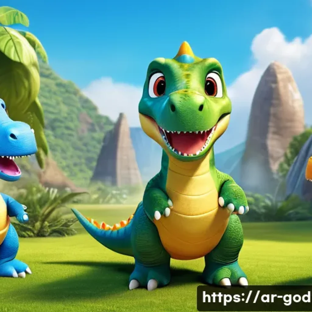 고고다이노 성우와 캐릭터 매칭 - A vibrant scene featuring a group of animated dinosaur characters from "Go Go Dino," each with disti...