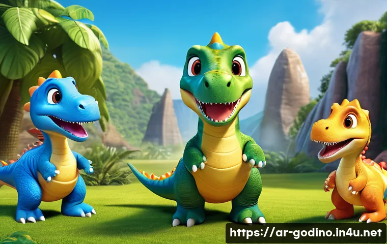 고고다이노 성우와 캐릭터 매칭 - A vibrant scene featuring a group of animated dinosaur characters from "Go Go Dino," each with disti...