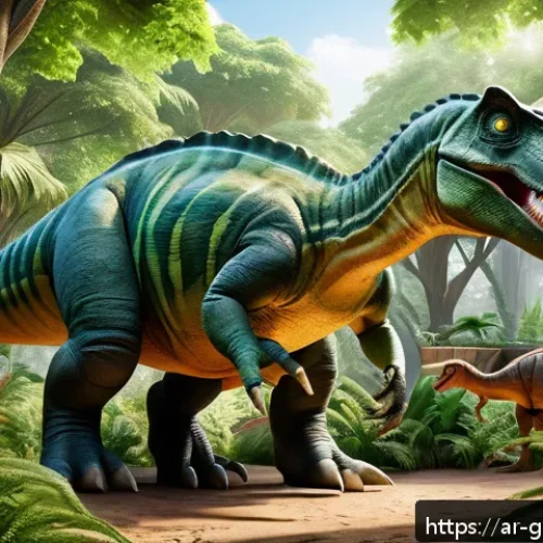 고고다이노의 테마파크 이벤트 정보 - A vibrant interactive dinosaur park scene set in an ancient lush green forest with life-sized, reali...