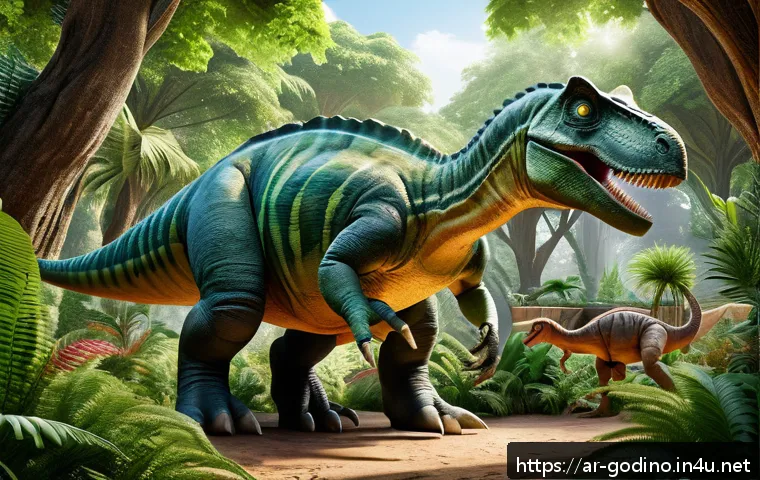고고다이노의 테마파크 이벤트 정보 - A vibrant interactive dinosaur park scene set in an ancient lush green forest with life-sized, reali...