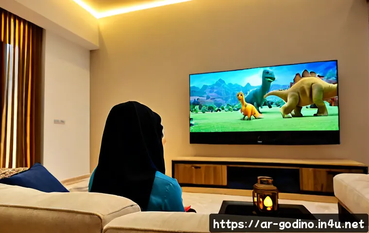 고고다이노의 넷플릭스 공개 현황 - Photorealistic evening living room in a contemporary Arab family home, a modestly dressed mother and...